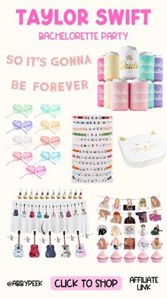 the flyer for taylor swift bachelorette party with items from her collection and other items