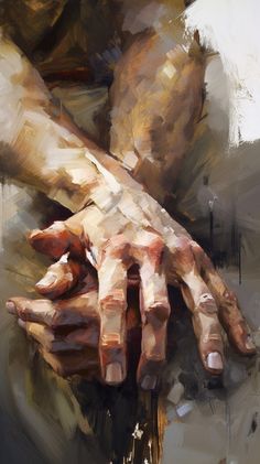 an oil painting of two hands holding each other