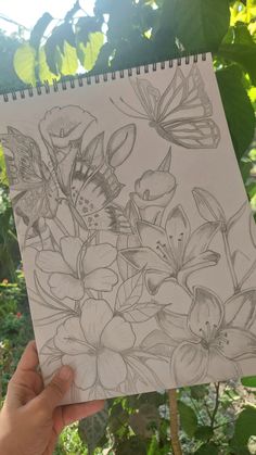 Flowers butterflies pencil drawing sketch Flower Drawing With Butterfly, Flowers Butterfly Drawing, Butterflies On Flowers Drawing, Nature Composition Drawing, Butterfly Bush Drawing, Flowers And Butterfly Drawing, Things To Draw Butterfly, Asthetic Drawings Pencil, Line Art Drawings Nature