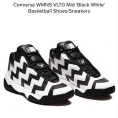 Nwob Is New Without Box Size: 8 Woman's Or Unisex 6.5 Boy's Brand: Converse Converse Wmns Vltg Mid 'Black White' Basketball Shoes/Sneakers/Kicks Sz 8 Originally Released In 1995, The Converse Voltage (Vltg) Was Instantly Recognized On Basketball Courts For Its "Bolt-Chevron" Pattern. They Also Have A Leather Upper, Exaggerated Heel Arch, Smartfoam Cushioning & A Herringbone Outsole. Sneakers By Converse Unboxing Potential: Considerable Zig-Zag Pattern Lace-Up Fastening Branded Tongue & Cuff Padd Basketball Courts, White Basketball Shoes, Basketball Sneakers, Nike Cortez, Beautiful Hats, Hummel Sneaker, Womens Converse, Golden Goose Sneaker, Basketball Shoes