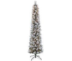 a white christmas tree with snow on it's branches and lights around the base