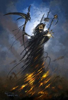 a painting of a skeleton holding two swords in the air with flames coming out of it