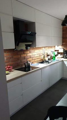 a black and white dog standing in a kitchen next to a counter top with food on it