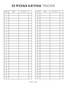 the printable worksheet for 52 week savings tracker is shown in black and white