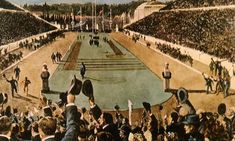 an old drawing of a baseball stadium with people on the field and in the stands