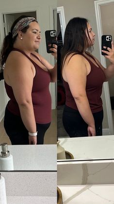 a woman taking a selfie in front of a bathroom mirror with her cell phone