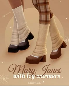 there are two women wearing socks and high heeled shoes with words mary janes with ly warmers