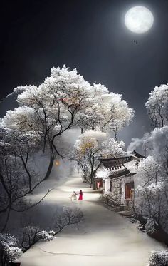 a painting of a snowy landscape with trees and people walking down the road at night