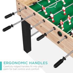 an image of a foosball table with the words ergonomic handles on it