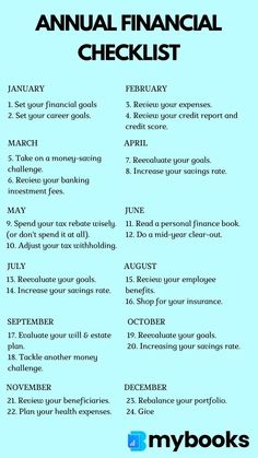 the annual financial checklist is shown in black and blue, with text on it