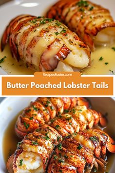 two pictures of lobsters with butter and sauce on them, one is cooked and the other is grilled