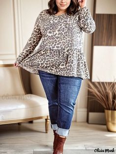 Olivia Mark - Womens Plus Size Casual Peplum Top - Leopard Print, Long Sleeve, Round Neck with Slight Stretch Plus Size Peplum, Long Sleeve Peplum Top, Printed Peplum Top, Top With Long Sleeves, Printed Tunic Tops, Print Tunic, Plus Size Casual, Top Casual, Olivia Mark