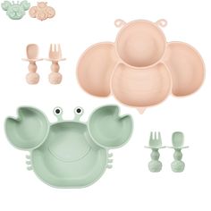 an assortment of baby feeding utensils in pastel pink and mint green colors