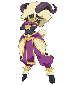 a cartoon character dressed in purple and gold with horns on his head, standing up