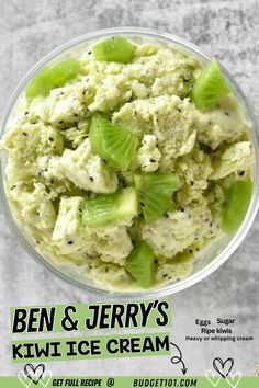 scrumptious bowl of homemade copycat ben & jerrys kiwi ice cream bursting with chunks of fresh kiwi fruit Kiwi Ice Cream, Ice Cream From Scratch, Easy Ice Cream Recipe Homemade, Easy Homemade Ice Cream, Gourmet Ice Cream, Clone Recipe, Tropical Desserts, Living Frugal