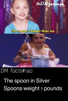 two girls are talking to each other in front of a sign that says, the spoon in silver spoons weight 5 pounds