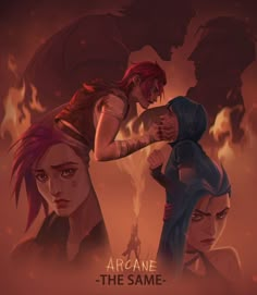 two women standing next to each other in front of a demonic demon and another woman with red hair