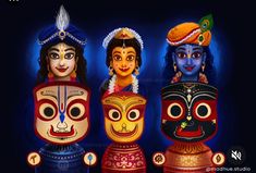 three masks with faces painted on them, all in different colors and designs are shown