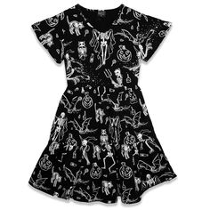 Midnight Mischief Halloween dress Spooky Halloween Costume Party Dresses, Fall Graphic Print Cotton Dress, Short Sleeve Halloween Dress, Fairy Grunge Halloween Costume Dress, Black Cotton Dress For Costume Party, Cotton Short Sleeve Dress For Costume Party, Fitted Gothic Dress With Skull Print, Black Halloween Dress With Skull Print, Black Cotton Costume Dress