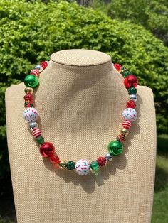 The necklace is 19 inches with 3-inch extender Christmas Beaded Necklace, Christmas Bead Necklace, Fish Jewelry, Bubblegum Necklace, Fish Necklace, Christmas Necklace, Christmas Bead, Necklace Chunky, Chunky Beads