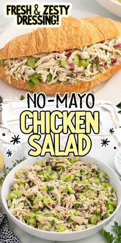 A bowl of chicken salad made without mayo, filled with fresh herbs, crunchy veggies, and a light dressing. Chicken Salad Without Mayo, Chicken Salad No Mayo, Mayo Chicken, Healthy Chicken Salad, Boy Birthday Party, Sandwiches Wraps, Shredded Chicken