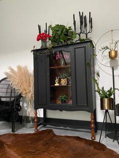 a black cabinet with plants in it and other decorations on the wall next to it