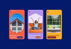 three mobile phone screens displaying different things in front of the same house and woman sitting on a couch