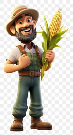 a cartoon farmer holding a corn on the cob, transparent background png clipart