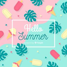 an image of hello summer background with ice cream and tropical leaves on pink and blue