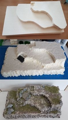 three different views of the same cake with white frosting and green moss on it