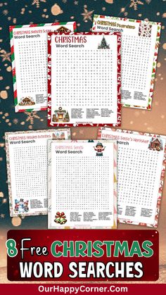 christmas word search is shown with the text 8 free christmas word searches