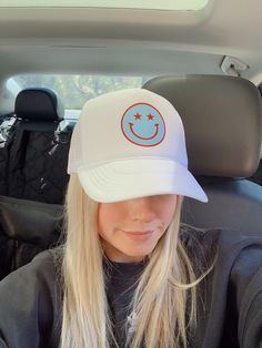 This trucker hat is a unisex fit! The design is NOT A PATCH- It is a HEAT TRANSFER VINL design. The hat itself is a foam front with a mesh back snapback. If this needs to be a rush order it is your responsibility to upgrade your shipping in the checkout process! Please allow 7-9 days for you hats to arrive. If the drop down menu has a preorder option that means I have a restock on the way, please allow up to 2 weeks for preorders! The black w/ tan hat is different than all the other hats, it is Casual Smiley Face Hat With Curved Brim, White Summer Trucker Hat With Flat Bill, White Flat Bill Trucker Hat For Summer, Playful White Bucket Hat, Fun Summer Baseball Cap With Flat Bill, Fun Flat Bill Hats For Summer, Fun Curved Brim Hat For Streetwear, Trendy White Snapback Hat For Outdoor, White Casual Trucker Hat One Size