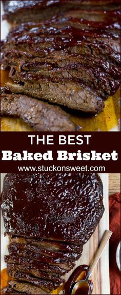 the best baked brisket recipe with bbq sauce on top and ribs in the background