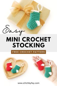 crochet christmas stocking with text overlay that says easy mini crochet stocking free crochet pattern