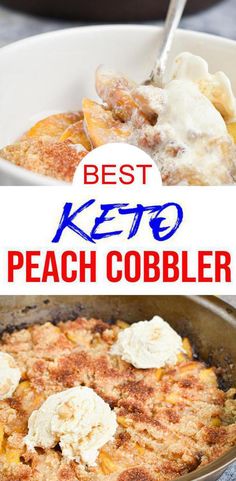 the best keto peach cobbler recipe in a skillet with text overlay