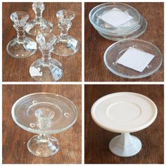 four pictures of glass dishes and plates on a table