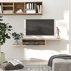 a living room scene with focus on the television and bookshelves above the tv