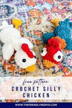 two crocheted stuffed animals sitting on top of a rug with the words free pattern