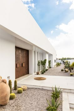 a house with cactus in the front yard and wooden doors on both sides, surrounded by white walls