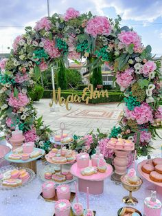 a table topped with lots of cakes and cupcakes