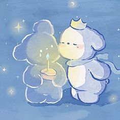 two teddy bears sitting next to each other with a candle in their hands and stars on the background