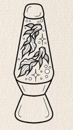 a drawing of a vase with leaves and bubbles on the bottom, in black ink