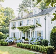 a large white house with blue shutters and flowers on the front lawn, surrounded by greenery