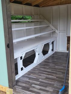 the inside of a house that is being renovated with wood flooring and white painted walls