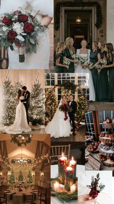 a collage of photos with people dressed in wedding attire and flowers, candles, trees, and decorations