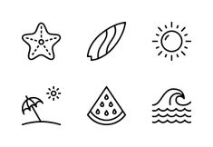 black and white line drawings of different types of things to see in the sun, watermelon, starfish, umbrella