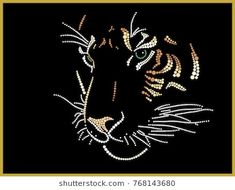 the head of a tiger made up of small beads on a black background with gold border