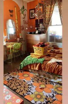 a bedroom with orange walls and an area rug