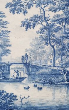 a large blue and white wall hanging over a river with people on boats in it