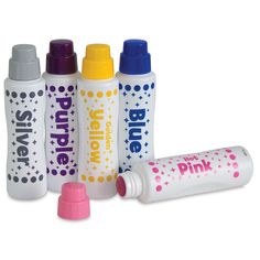 four different sized bottles with pink, blue, and yellow caps